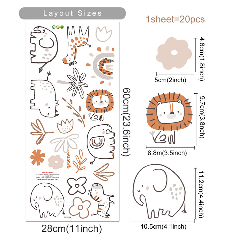 Boho Cartoon Lion Elephant Сладки животински лица Акварелни стикери за детска стая Стикери за стена Art Print Kids Boys Girls Home Decor