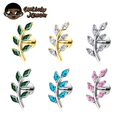 G23 Titanium 16G Marquise CZ Leaves Stud Earring Leaf Shaped Cartilage Conch Flat Back Implant Grade Piercing Jewelry