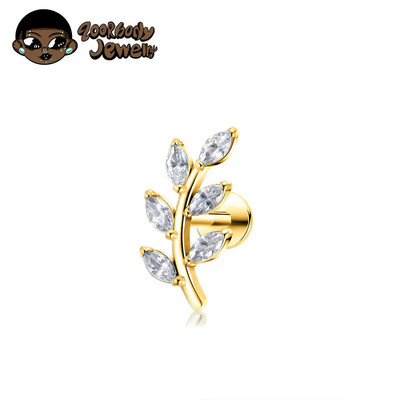 G23 Titanium 16G Marquise CZ Leaves Stud Cercei în formă de frunză Helix Cartilage Conch Spate plat Bijuterii piercing de calitate pentru implant