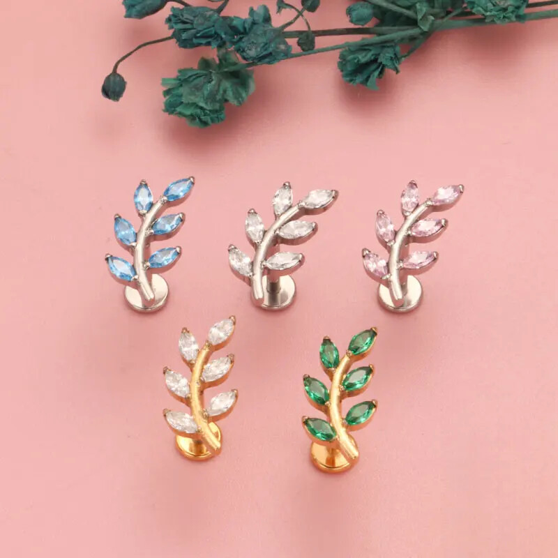 G23 Titanium 16G Marquise CZ Leaves Stud Cercei în formă de frunză Helix Cartilage Conch Spate plat Bijuterii piercing de calitate pentru implant