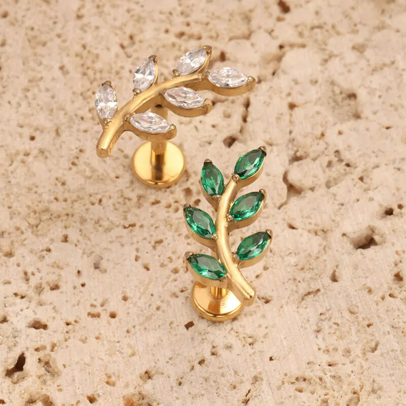 G23 Titanium 16G Marquise CZ Leaves Stud Cercei în formă de frunză Helix Cartilage Conch Spate plat Bijuterii piercing de calitate pentru implant