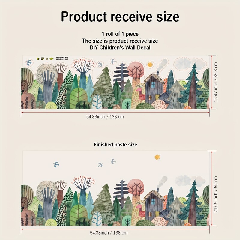 1PC autocolant de perete cu model de verdeață de pădure acuarelă, tapet de artă autoadeziv translucid pentru sufragerie