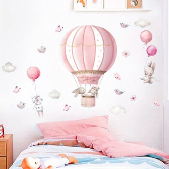 2τμχ Cartoon Cute Rabbit Pink Balloon Clouds Αυτοκόλλητα τοίχου για Παιδικό Δωμάτιο Διακόσμηση Παιδικού Σαλονιού Νηπιαγωγείο τοίχου