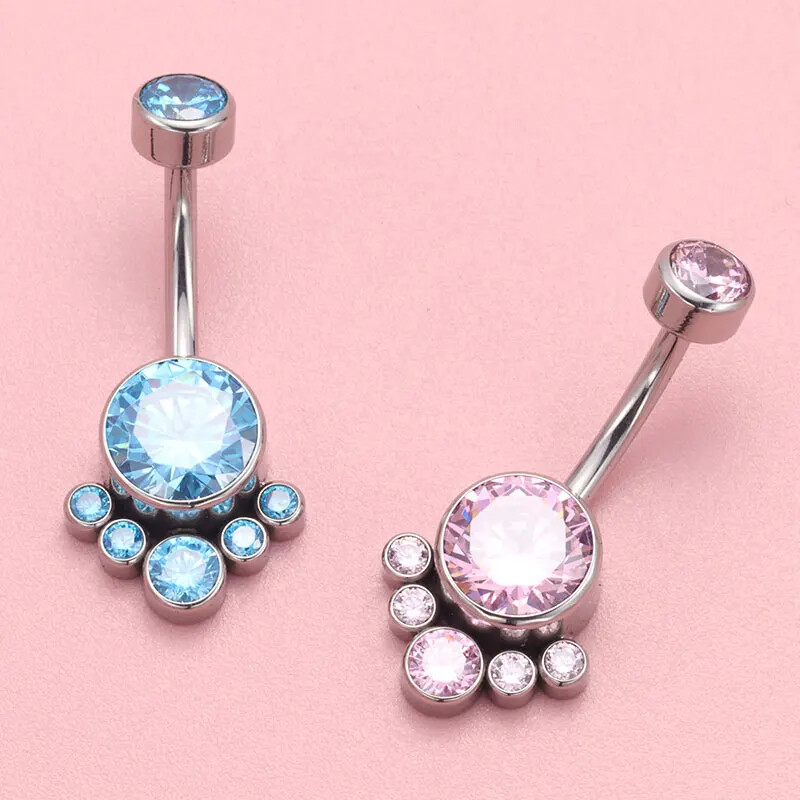 Piercing do pupka s titánovým modrým zirkónom a trblietkami pre dievčatá, luxusný sexi piercing do brucha, 14G, vnútorný závit, ružový.