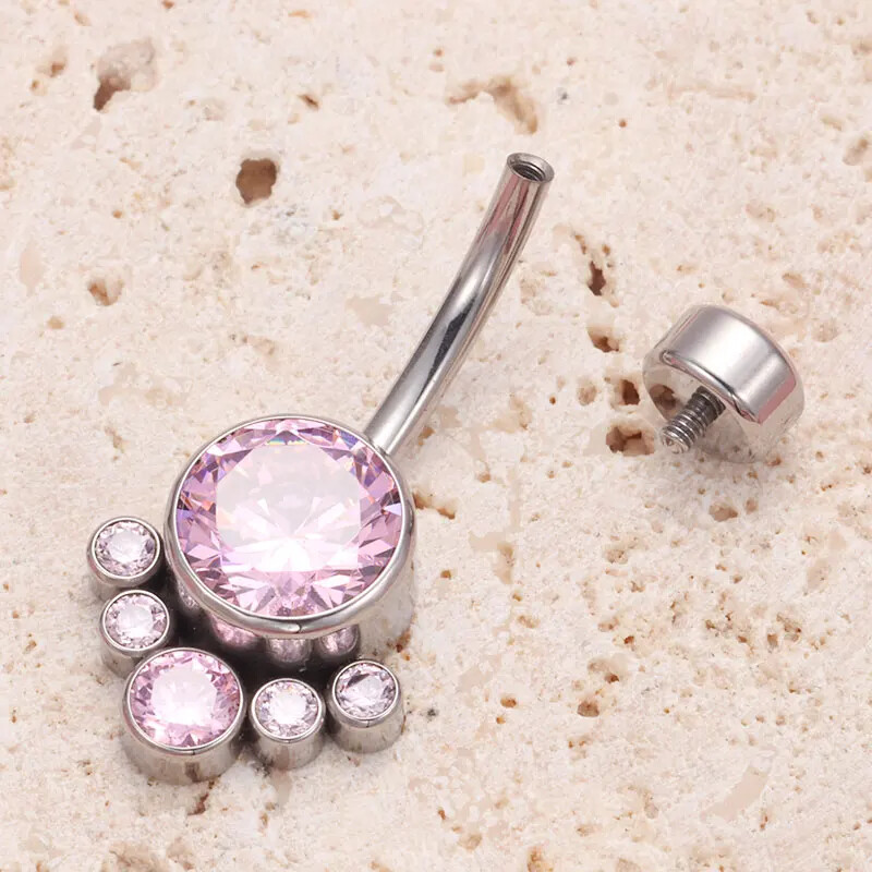 Piercing do pupka s titánovým modrým zirkónom a trblietkami pre dievčatá, luxusný sexi piercing do brucha, 14G, vnútorný závit, ružový.