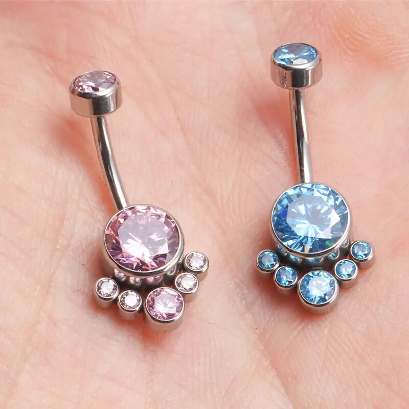 Piercing do pupka s titánovým modrým zirkónom a trblietkami pre dievčatá, luxusný sexi piercing do brucha, 14G, vnútorný závit, ružový.