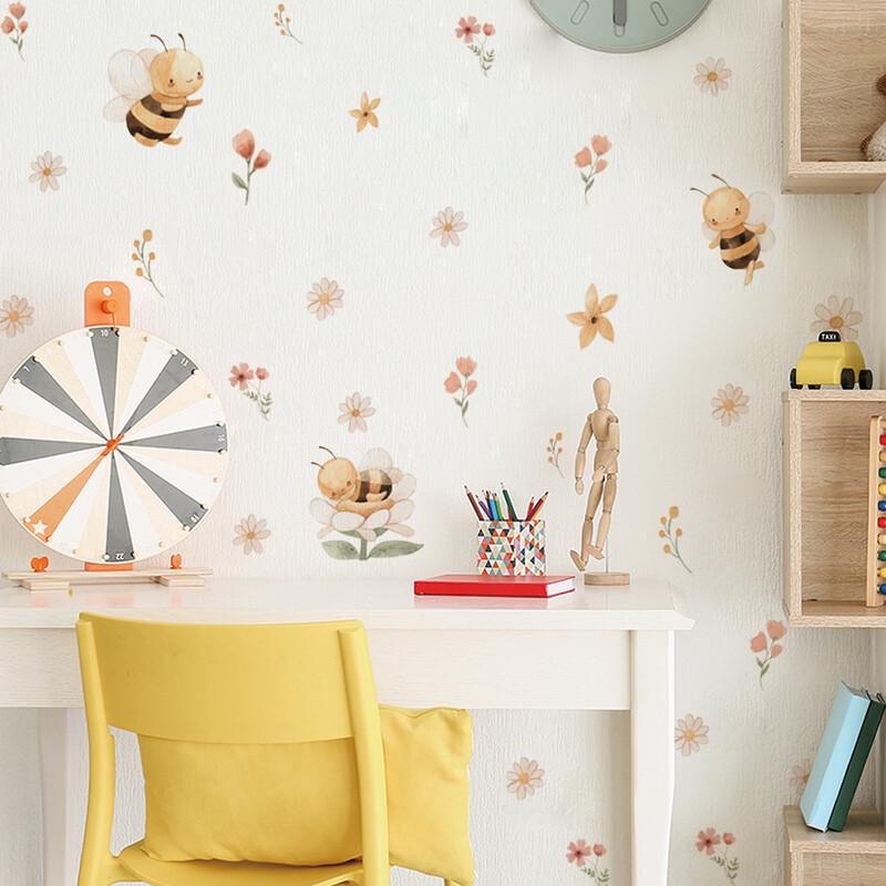 Autocolante de perete cu flori de albine de desene desenate boho pentru camera de copii camera de copii camera de copii decor pentru perete camera fetitelor decor acuarela