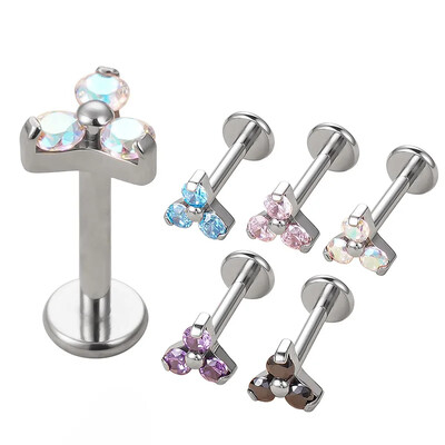 ASTM F136 Titanium CZ Stone Triangle Labret Stud Stud Helix fülporc fülbevaló PIERC fülcsavarok ajakgyűrű rúd testpiercing ékszerek