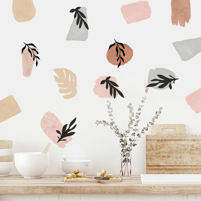 Autocolante de perete Boho Terrazzo Model geometric neregulat Plante cu frunze Abstracte Moderne Decalcomanii de perete pentru living dormitor Decor