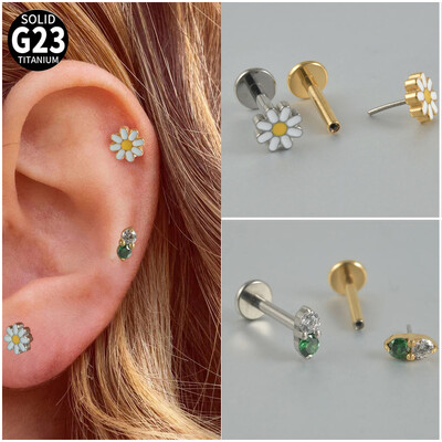 Dreamlee PC G23 Titanium Flower Threadless Labret lūpų žiedai žalias cirkonis Ausų kremzlė Tragus Helix auskaras Lobe Piercing Jew