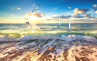 egyedi falfestmény tengeri strand tapéták nappaliba Tengerre néző táj háttér tapéta mediterrán kanapé falburkolat