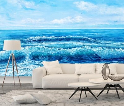 egyedi falfestmény tengeri strand tapéták nappaliba Tengerre néző táj háttér tapéta mediterrán kanapé falburkolat
