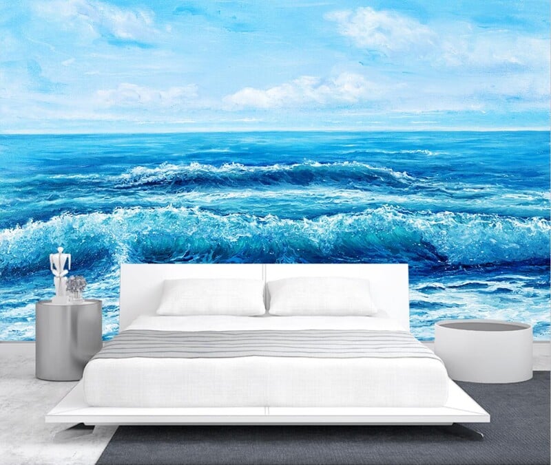 egyedi falfestmény tengeri strand tapéták nappaliba Tengerre néző táj háttér tapéta mediterrán kanapé falburkolat