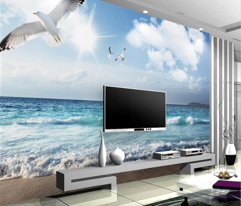 egyedi falfestmény tengeri strand tapéták nappaliba Tengerre néző táj háttér tapéta mediterrán kanapé falburkolat