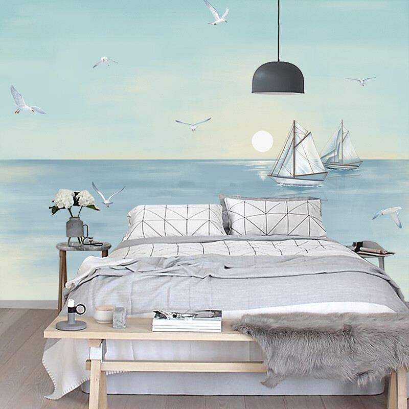 egyedi falfestmény tengeri strand tapéták nappaliba Tengerre néző táj háttér tapéta mediterrán kanapé falburkolat
