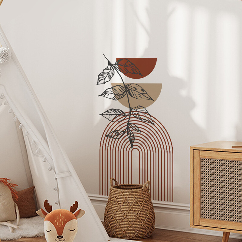 Autocolant de perete din vinil geometric cu frunze de curcubeu Boho, detașabil, autocolant de perete, detașabil, pentru copii, cameră de joacă pentru copii