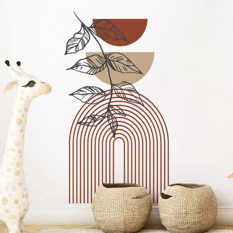 Autocolant de perete din vinil geometric cu frunze de curcubeu Boho, detașabil, autocolant de perete, detașabil, pentru copii, cameră de joacă pentru copii