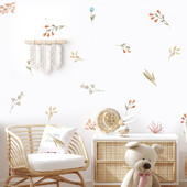 Boho listy, bylinky, poľné kvety, akvarel, nástenná samolepka, vinylová odnímateľná nástenná samolepka do detskej izby, interiér detskej izby, bytové dekorácie