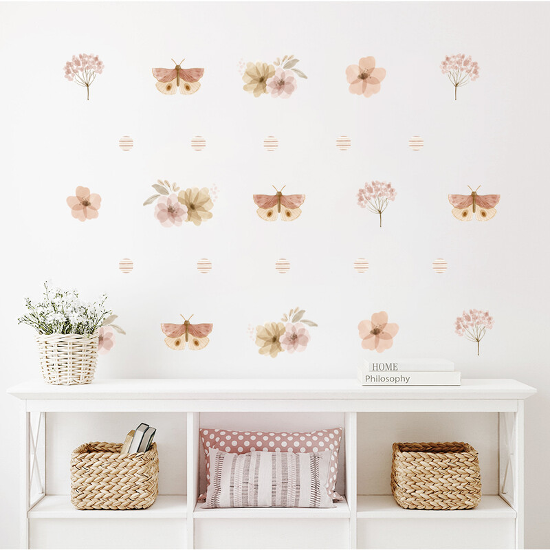 Boho listy, bylinky, poľné kvety, akvarel, nástenná samolepka, vinylová odnímateľná nástenná samolepka do detskej izby, interiér detskej izby, bytové dekorácie