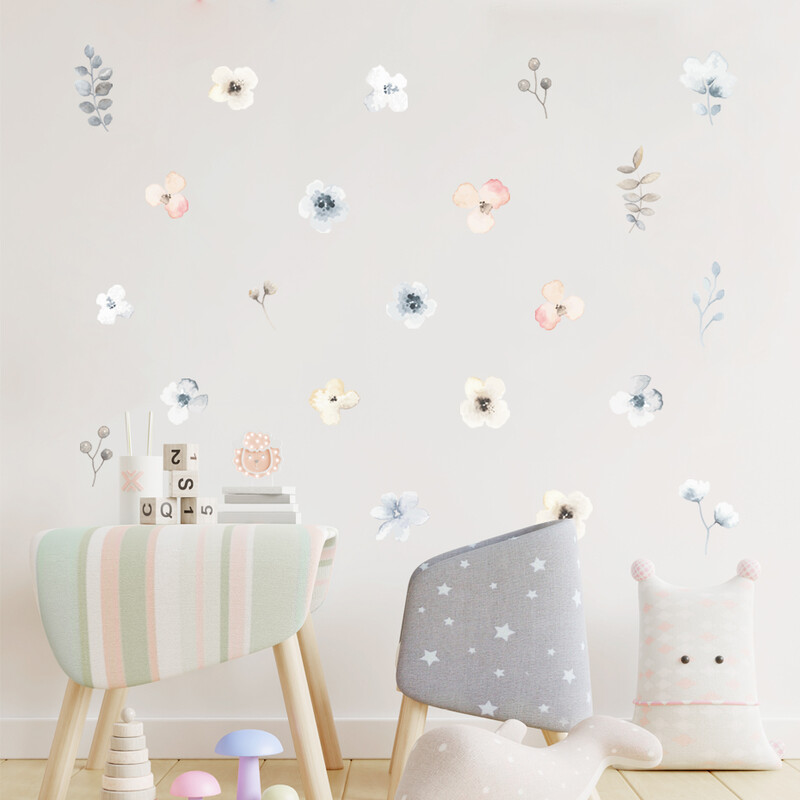 Boho listy, bylinky, poľné kvety, akvarel, nástenná samolepka, vinylová odnímateľná nástenná samolepka do detskej izby, interiér detskej izby, bytové dekorácie