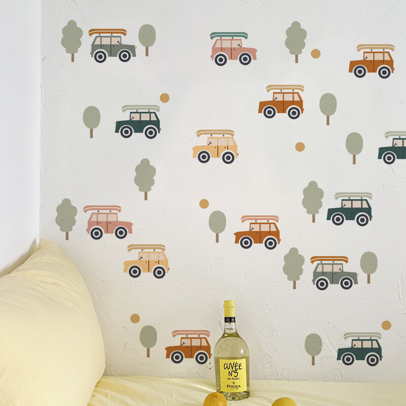 erdei vintage autós falmatrica vízálló peeling and stick akvarell óvodai falmatrica fiús gyerekszoba lakberendezési célra