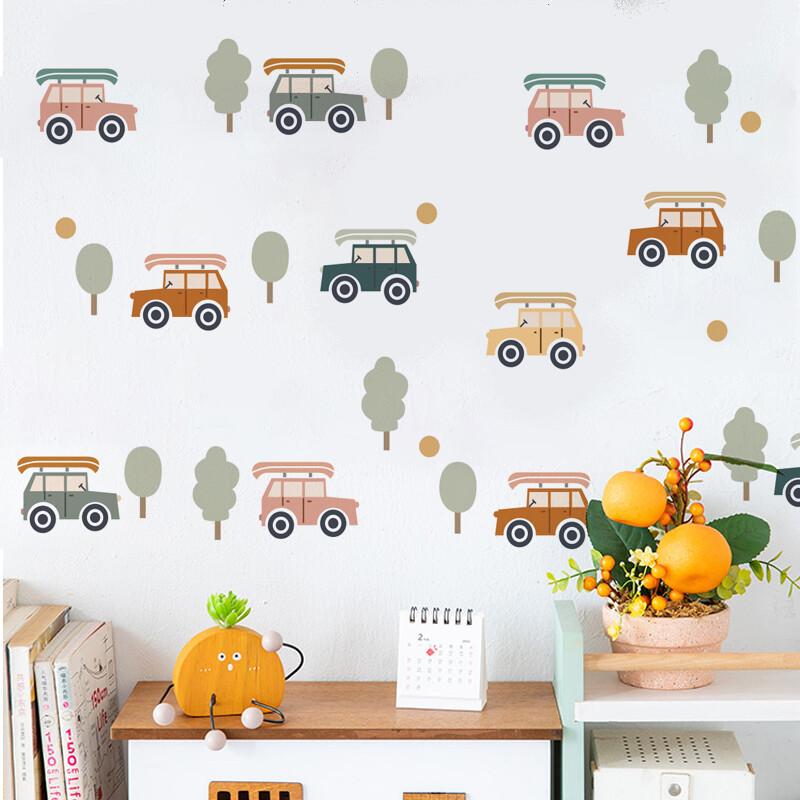 erdei vintage autós falmatrica vízálló peeling and stick akvarell óvodai falmatrica fiús gyerekszoba lakberendezési célra