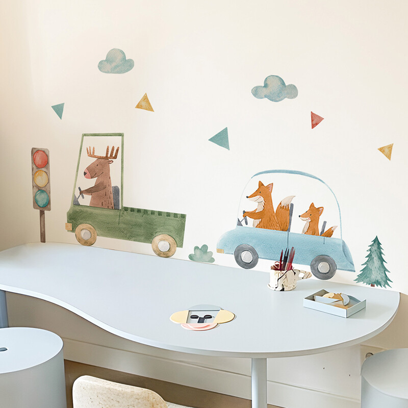 Rajzfilm Állatos autós falmatricák Gyermekszoba gyerekeknek Nappali Kivehető óvodadekorációs falmatricák