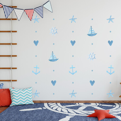 Акварел Blue Starfish Sailing Concise Decals Стикери за стена за детска стая PVC плакати Подарък за момчета Спалня Подвижен домашен декор