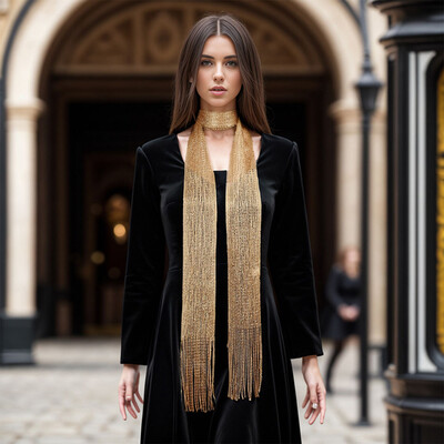 Fashion Nightclub din mătase strălucitoare cu protecție solară șal auriu argintiu lucios colier pentru femei vintage dantelă ciucuri petrecere rochie de seară eșarfă