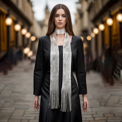 Fashion Nightclub din mătase strălucitoare cu protecție solară șal auriu argintiu lucios colier pentru femei vintage dantelă ciucuri petrecere rochie de seară eșarfă