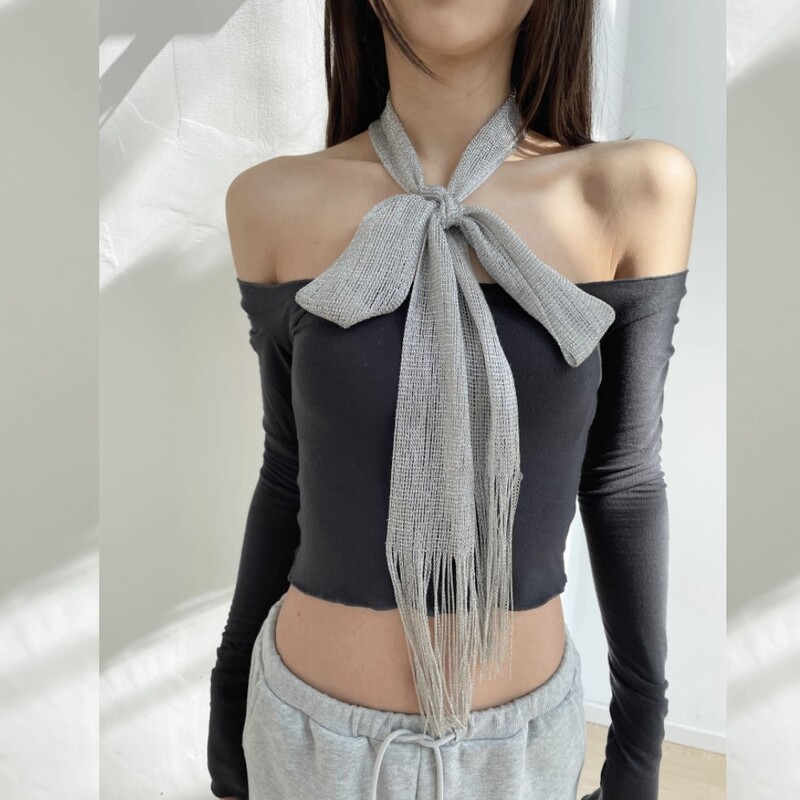 Fashion Nightclub din mătase strălucitoare cu protecție solară șal auriu argintiu lucios colier pentru femei vintage dantelă ciucuri petrecere rochie de seară eșarfă