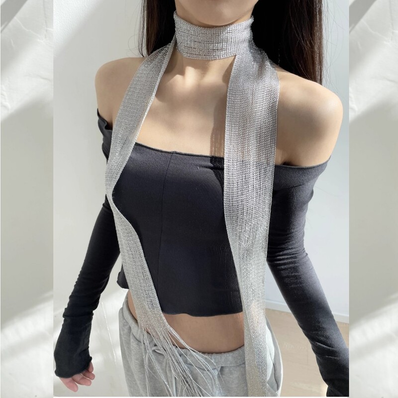 Fashion Nightclub din mătase strălucitoare cu protecție solară șal auriu argintiu lucios colier pentru femei vintage dantelă ciucuri petrecere rochie de seară eșarfă