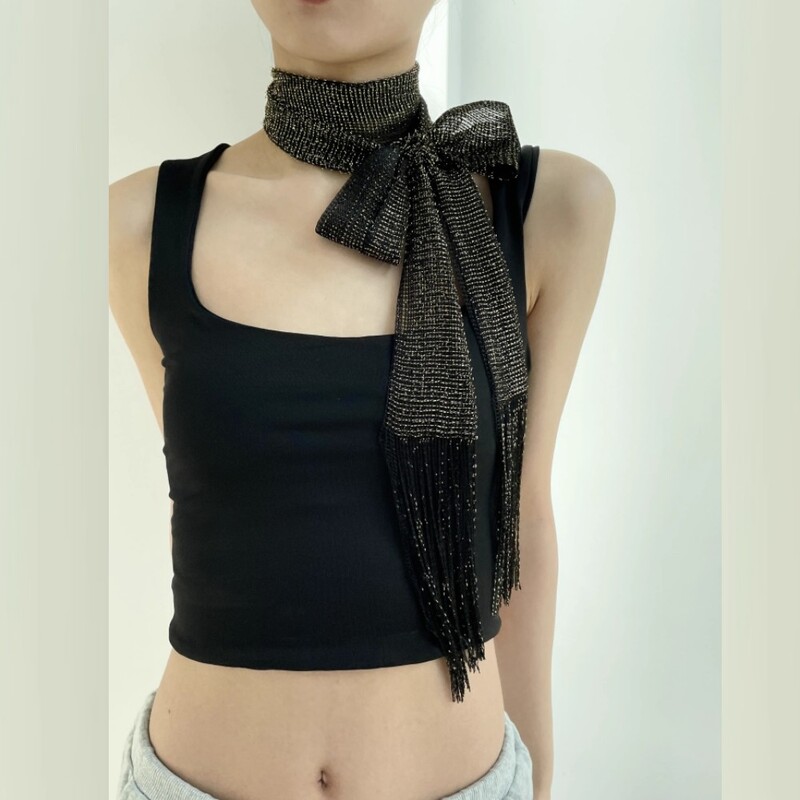 Fashion Nightclub din mătase strălucitoare cu protecție solară șal auriu argintiu lucios colier pentru femei vintage dantelă ciucuri petrecere rochie de seară eșarfă