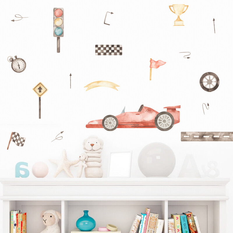 Lenktynių vėliavos trofėjus šviesoforas akvarelinis sieninis lipdukas Vinilo nuimamas „pasidaryk pats“ lipdukai Vaikų kambarys Berniukų kambario interjeras Namų dekoras