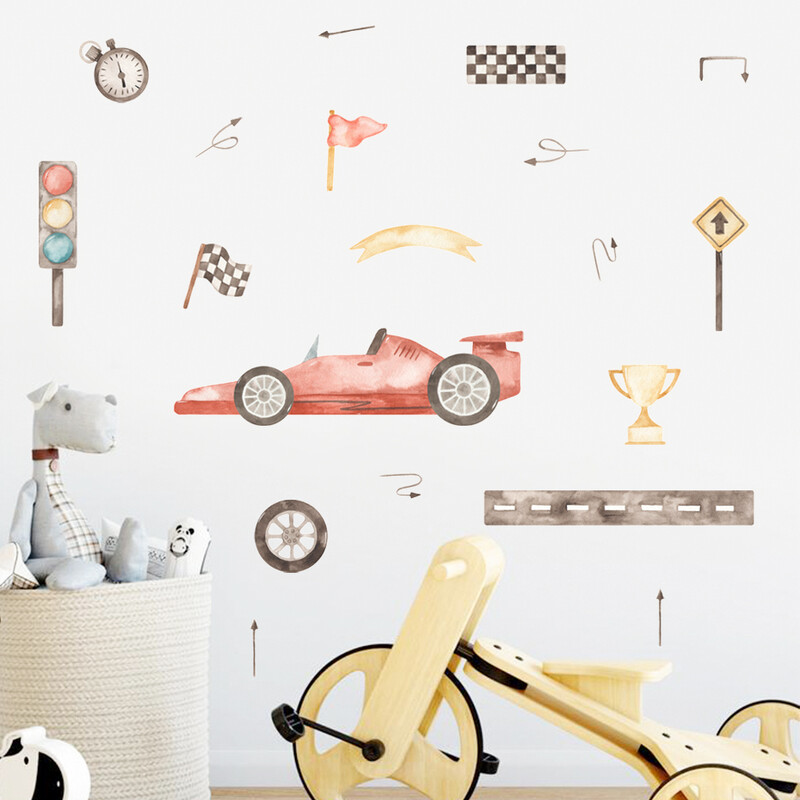 Lenktynių vėliavos trofėjus šviesoforas akvarelinis sieninis lipdukas Vinilo nuimamas „pasidaryk pats“ lipdukai Vaikų kambarys Berniukų kambario interjeras Namų dekoras