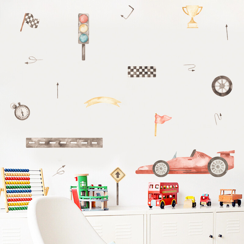 Lenktynių vėliavos trofėjus šviesoforas akvarelinis sieninis lipdukas Vinilo nuimamas „pasidaryk pats“ lipdukai Vaikų kambarys Berniukų kambario interjeras Namų dekoras
