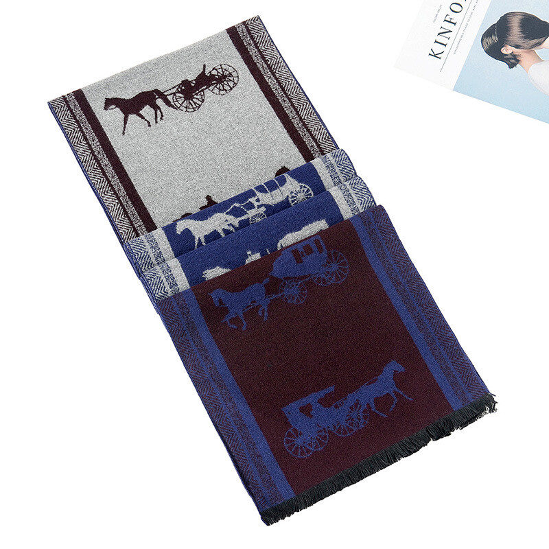 Eșarfă de lână pentru bărbați cu imprimeu de cai de designer de toamnă, șal lung de pashmina, iarnă, eșarfe de cașmir, pentru bărbați, mărime Plus, 180 cm