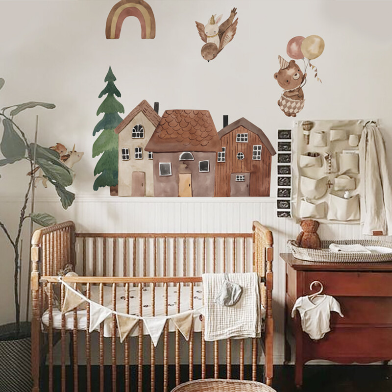 Autocolante de perete pentru oraș mic Animale Vinil Autocolante de perete în stil nordic Peel și lipește pentru pepinieră Dormitor Camera copiilor Home Art Decor