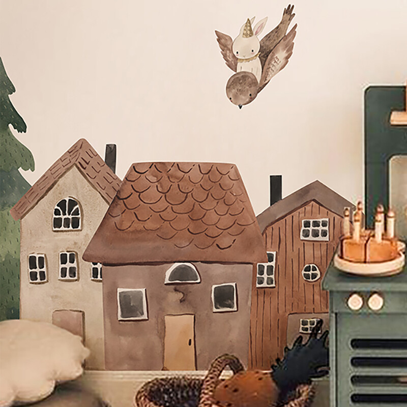 Autocolante de perete pentru oraș mic Animale Vinil Autocolante de perete în stil nordic Peel și lipește pentru pepinieră Dormitor Camera copiilor Home Art Decor
