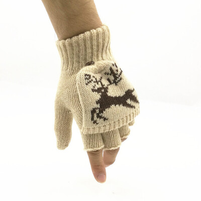 Drăguț căprioară fulg de zăpadă tricot mănuși de cașmir bărbați femei scris de iarnă ciclism în aer liber mănuși de conducere cu jumătate de deget flip cald A62
