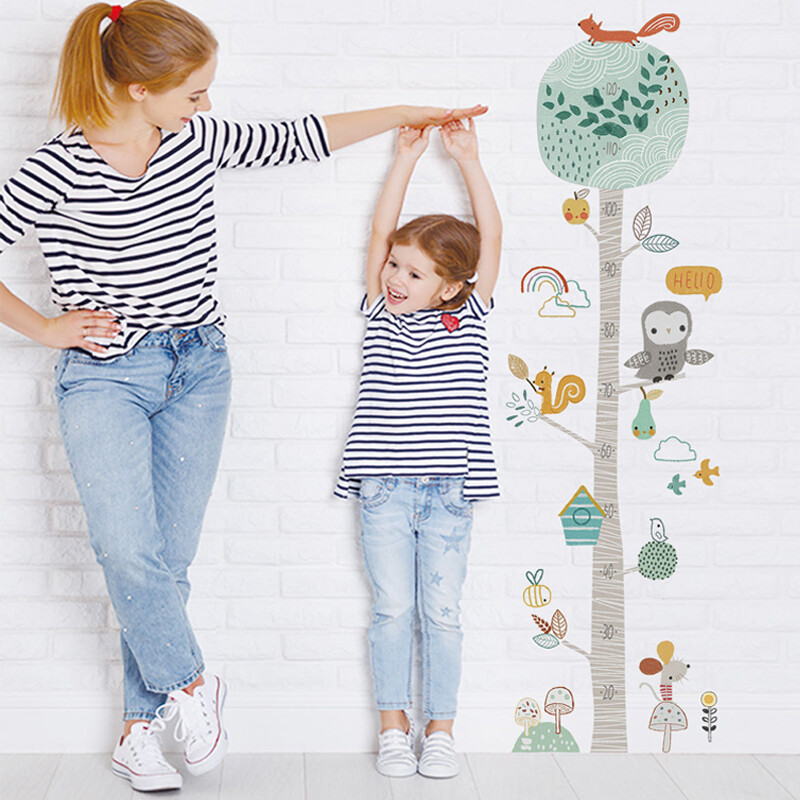 Autocolante de perete pentru măsurarea înălțimii copacului cu animale de pădure din desene animate pentru camera copiilor Diagramă de creștere a camerei de copii Decorare pepinieră Tapet cu riglă de înălțime pentru copii