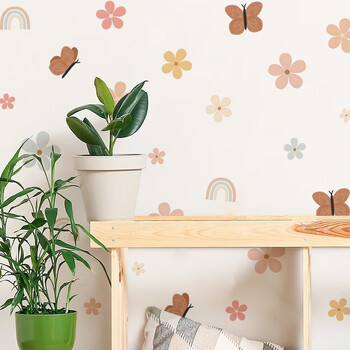 Boho Watercolor Flowers Rainbow Butterfly Nursery Αυτοκόλλητα τοίχου για παιδικά δωμάτια Διακόσμηση σαλονιού Αυτοκόλλητα τοίχου Ταπετσαρία