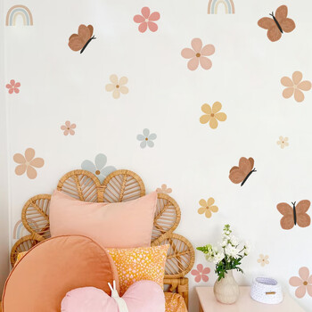 Boho Watercolor Flowers Rainbow Butterfly Nursery Αυτοκόλλητα τοίχου για παιδικά δωμάτια Διακόσμηση σαλονιού Αυτοκόλλητα τοίχου Ταπετσαρία