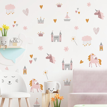 Boho Pink Cartoon Unicorns Castle Clouds Love Ακουαρέλα Αυτοκόλλητα τοίχου για Παιδικό Δωμάτιο Βρεφικό δωμάτιο Βρεφικό δωμάτιο Αυτοκόλλητα τοίχου Διακόσμηση σπιτιού