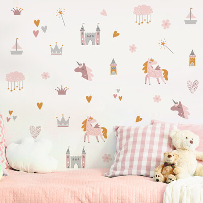 Boho Pink Cartoon Unicorns Castle Clouds Love Акварелни стикери за стена за детска стая Бебешка детска стая Стикери за стена Начало Декор