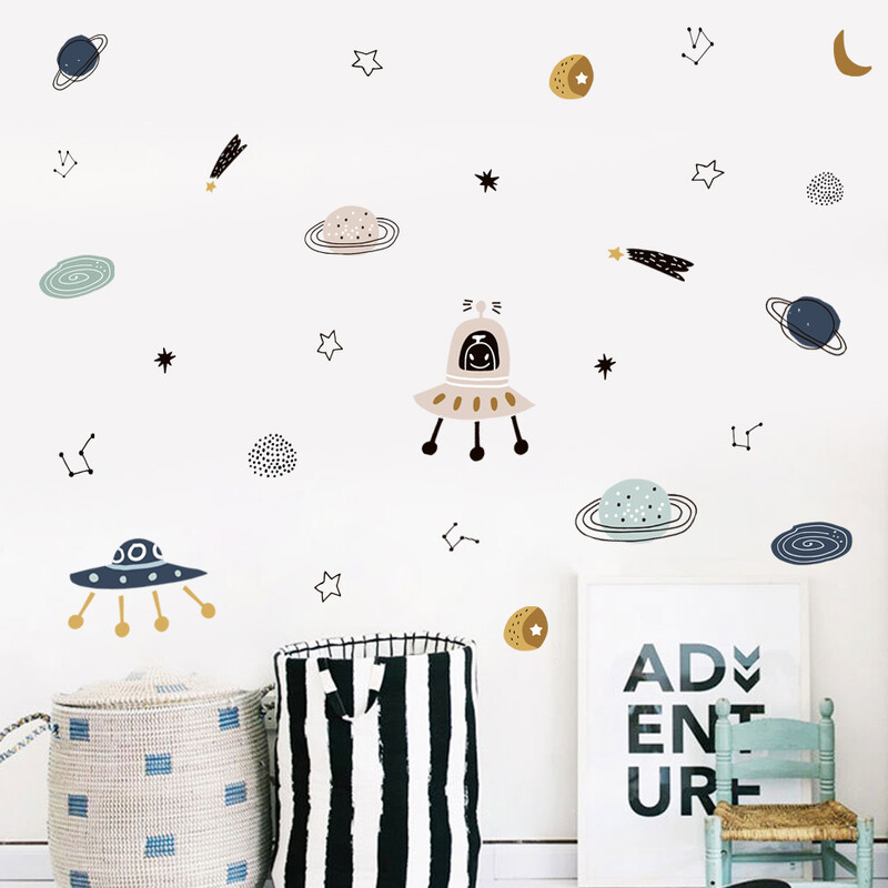 Карикатура Ufo Aliens Planet Pattern Акварел Детски стикер за стена Винилови стикери за детска стая Art Decals for Babys Boys Room Playroom Home Decor