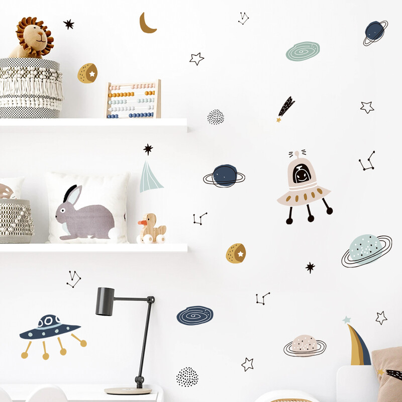 Карикатура Ufo Aliens Planet Pattern Акварел Детски стикер за стена Винилови стикери за детска стая Art Decals for Babys Boys Room Playroom Home Decor