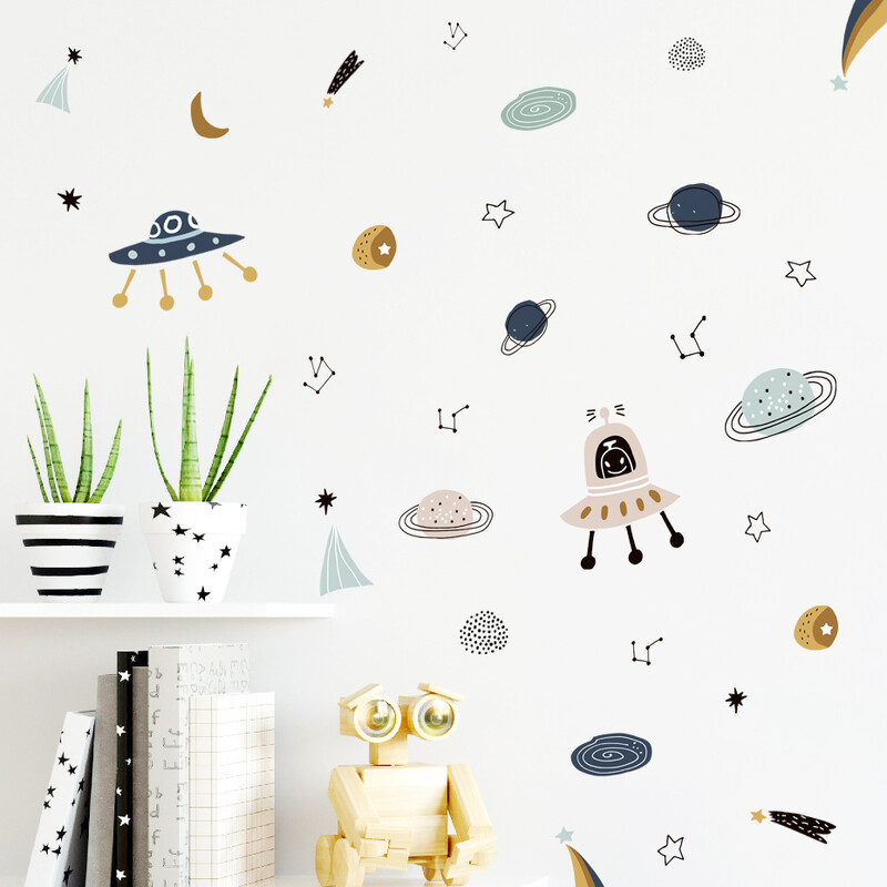 Карикатура Ufo Aliens Planet Pattern Акварел Детски стикер за стена Винилови стикери за детска стая Art Decals for Babys Boys Room Playroom Home Decor