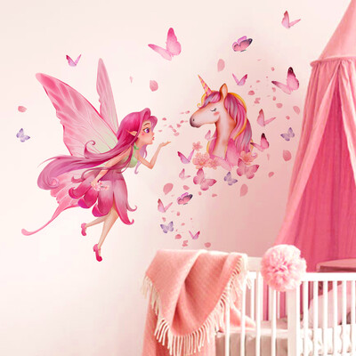 Elf Butterfly Girl Unicorn Flower Стикери за стена за детска стая Baby Girl Стикери за стена PVC Home Decor Стикери за стена Стенописи за спалня