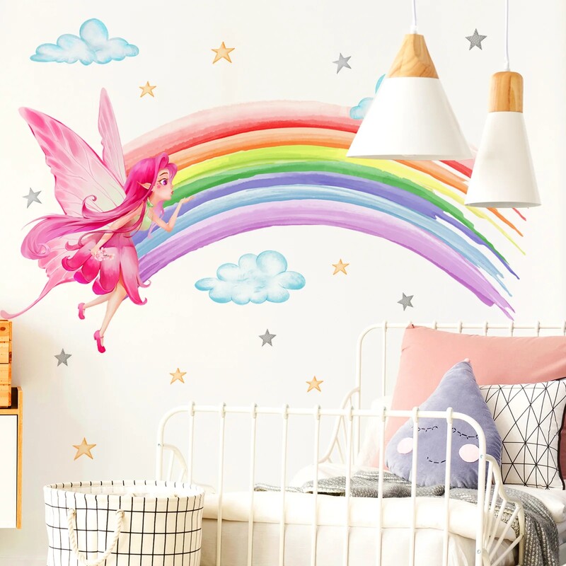 Elf Butterfly Girl Unicorn Gėlių sienų lipdukai, skirti vaikų kambariui Baby Girl Sienų lipdukai PVC namų dekoro sienų lipdukai Miegamojo freskos